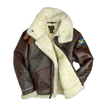 Sheepskin bomber jacket with shearling lining, asymmetric zip, brown leather sleeves