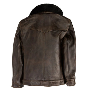 Brown lambskin jacket back view with black shearling collar and snap cuffs
