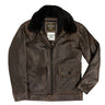 Brown lambskin jacket with black shearling collar, zip front and flap chest pockets