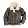 Brown leather sheepskin jacket with cream shearling collar, zip front, and flap pockets