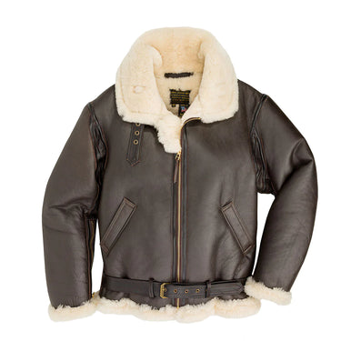 Brown leather sheepskin jacket with cream shearling collar, zip front, and flap pockets