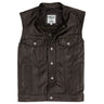 Black leather motorcycle vest with snap buttons and two chest pockets