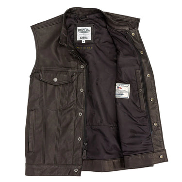 Black leather motorcycle vest with snap placket, side buttons, and interior label