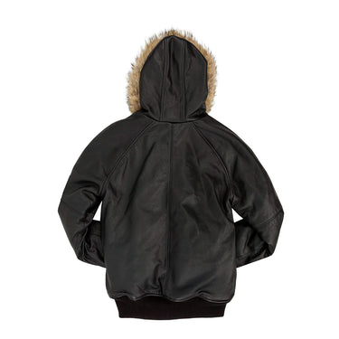 Cockpit USA N-2B goatskin jacket back view, black with tan fur-trim hood