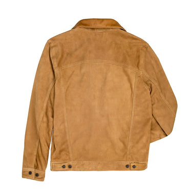 Tobacco suede trucker jacket back view with button cuffs