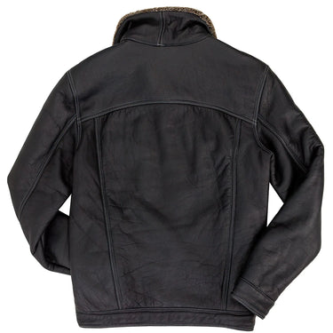 Sheepskin trucker jacket with dark leather and tan shearling-lined collar area