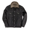 Sheepskin trucker jacket with dark leather, tan shearling collar, snap buttons, chest pockets
