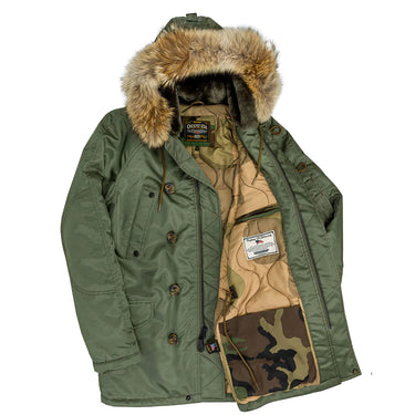 Sage green N-3B parka with faux-fur hood, open front and camouflage lining