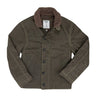 Dark olive wax deck jacket with brown sherpa-style shearling collar and snap buttons