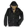 Black waxed parka with hood, snap button front, flap chest pockets