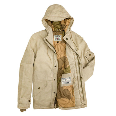 Earth white waxed parka with hood, snap button front, flap chest pockets