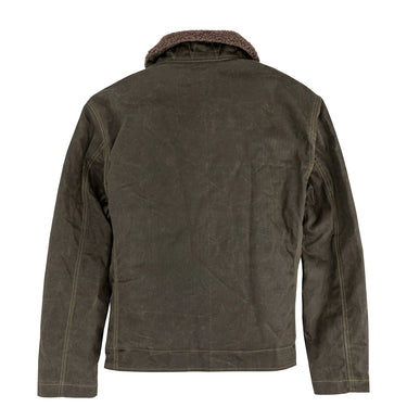 Dark olive wax deck jacket back view with stand collar and stitched seam panels