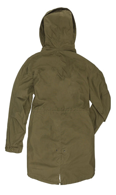 Olive green fishtail parka with hood and long sleeves, front zip and pockets