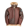Brown B-3 shearling bomber jacket with thick tan fleece collar and front zipper