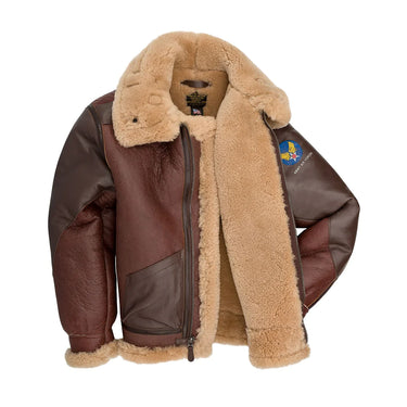 Brown shearling bomber jacket with tan hooded fleece lining and front zip