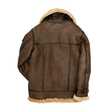 Brown leather bomber jacket back view with tan shearling lining and collar