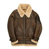 Brown leather bomber jacket with tan shearling collar, zip front, and chest pockets