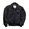 Black pilots jacket with zip front, stand collar, chest pockets, and rib-knit cuffs
