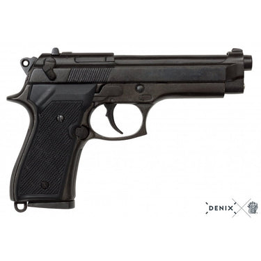 Black Beretta 92-style pistol replica, left side view, textured grip and slide details
