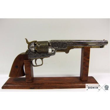 Civil War-style revolver replica with engraved frame detail and wooden grip