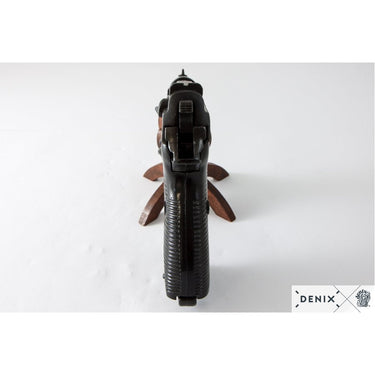 Black pistol replica rear view with open sights and textured grip