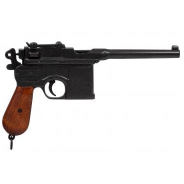 Denix pistol replica with black frame and brown wooden grip, angled side view