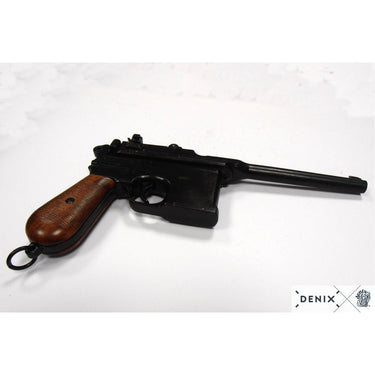 Denix Mauser C96 pistol replica with black body and textured brown grip
