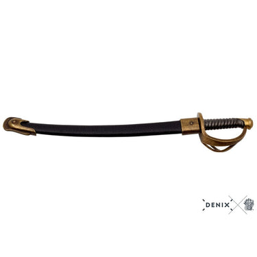 Officer sabre letter opener with black handle and brass crossguard, side view