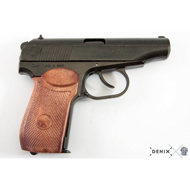 Black pistol replica with brown textured grip and top slide detail