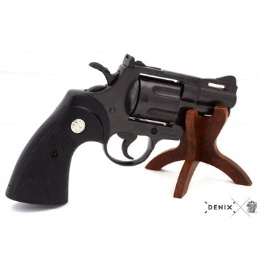 Denix revolver pistol replica with black metal frame and brown wooden grip, side view