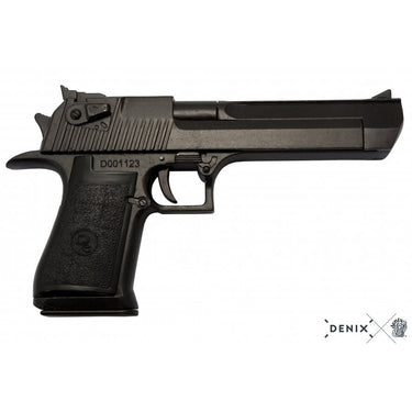 Black pistol replica left-side view with textured grip and slide grooves