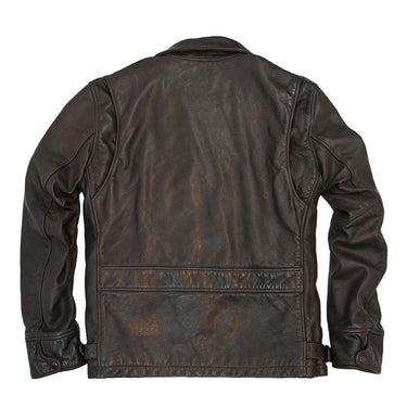 Brown leather tanker jacket back with padded shoulders and horizontal pocket seam