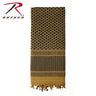Rothco shemagh tactical desert scarf in olive and tan pattern with striped band and fringe
