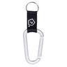 Silver carabiner with strap, rounded gate and carrying loop