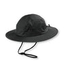 Black rain hat with wide brim and chin strap