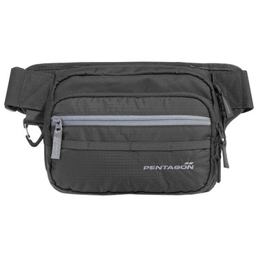 Black nylon waist concealment pouch with top flap, zipper pocket, and carrying strap