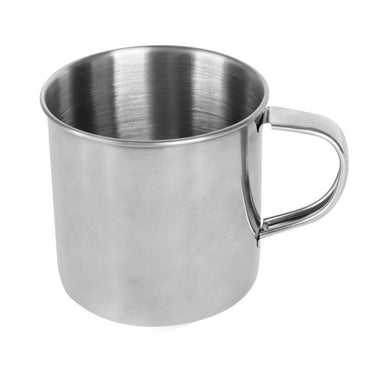 Stainless steel mug with curved handle, rounded rim and brushed interior surface.