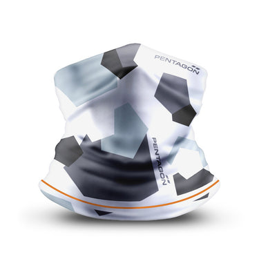 All-weather neck gaiter in white and light blue with dark blocks, orange trim