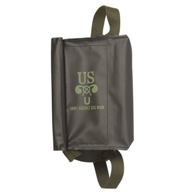 Black gas mask bag with US emblem patch and adjustable carry straps, front view