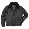 Black leather flight jacket with fur collar, front zipper and chest pockets