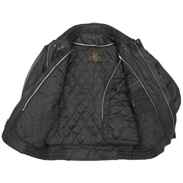 Black leather flight jacket back view with quilted lining, fur collar and zipper