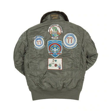 Sage green G-1 fighter jacket back view with fur collar and multiple embroidered patches