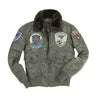 Sage green G-1 fighter jacket with fur collar and front zip; stitched flight patches