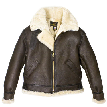 Brown sheepskin bomber jacket with shearling collar and full-zip front, side hand pockets