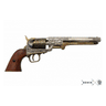 Civil War-style revolver replica with wooden grip and engraved metal finish