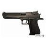 Black semi-automatic pistol replica with textured grip and ribbed slide details