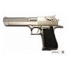 Semi-automatic pistol replica with silver slide and black textured grip, side view