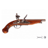 Replica flintlock pirate pistol with brown wood stock and metal barrel, side view.