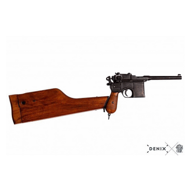 Denix replica Mauser C96 pistol with brown wooden stock and dark metal frame