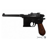 Denix pistol replica with black metal body and brown wooden grip, side view